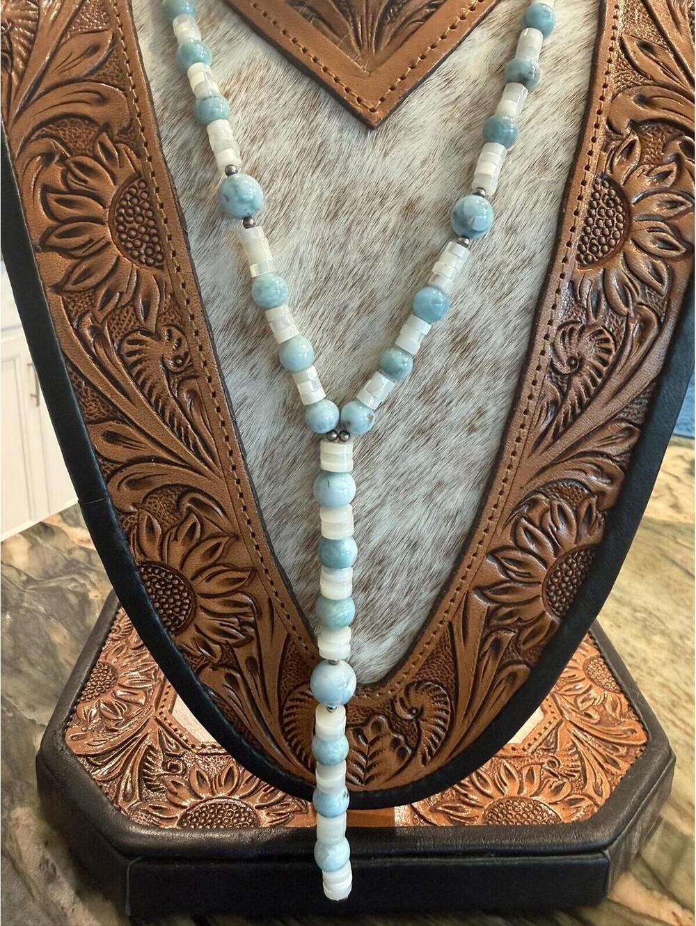 Coastal Caribbean Larimar & MOP White Shell Heishi Lariat Necklace 20 - 22" - Picture 1 of 9